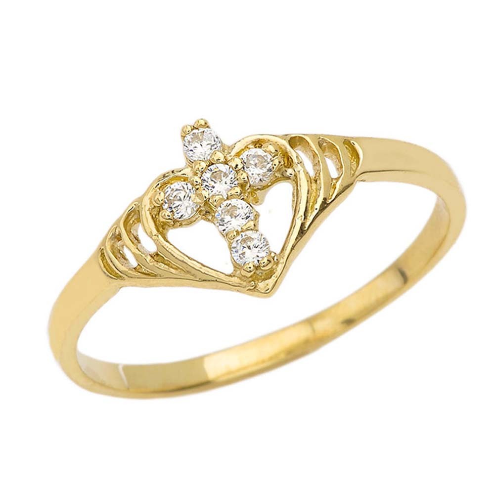 Gold Cubic Zirconia Heart Cross Ring (Available in Yellow/Rose/White Gold)