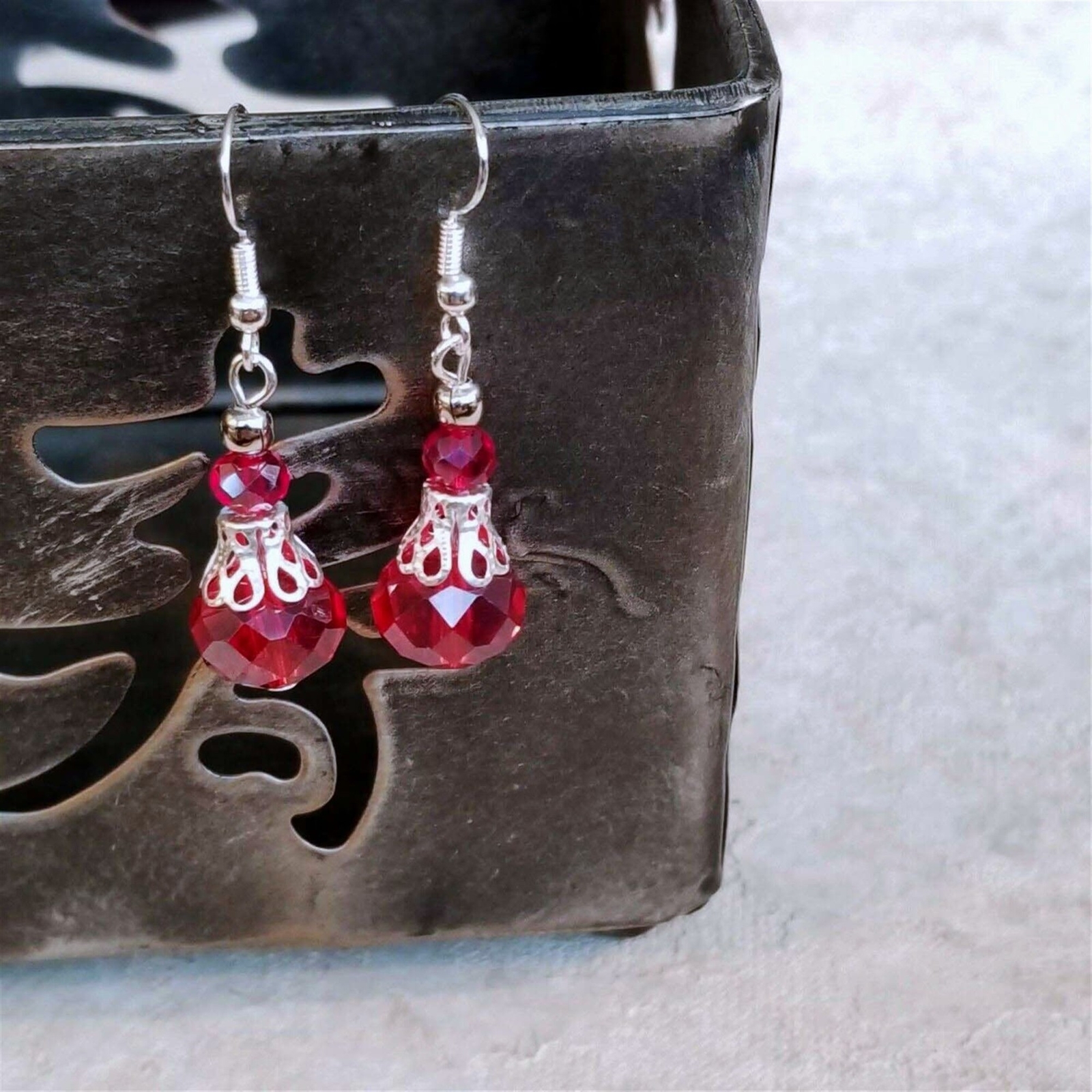Victorian Red Crystal Silver Filigree Basket Handcrafted Earrings
