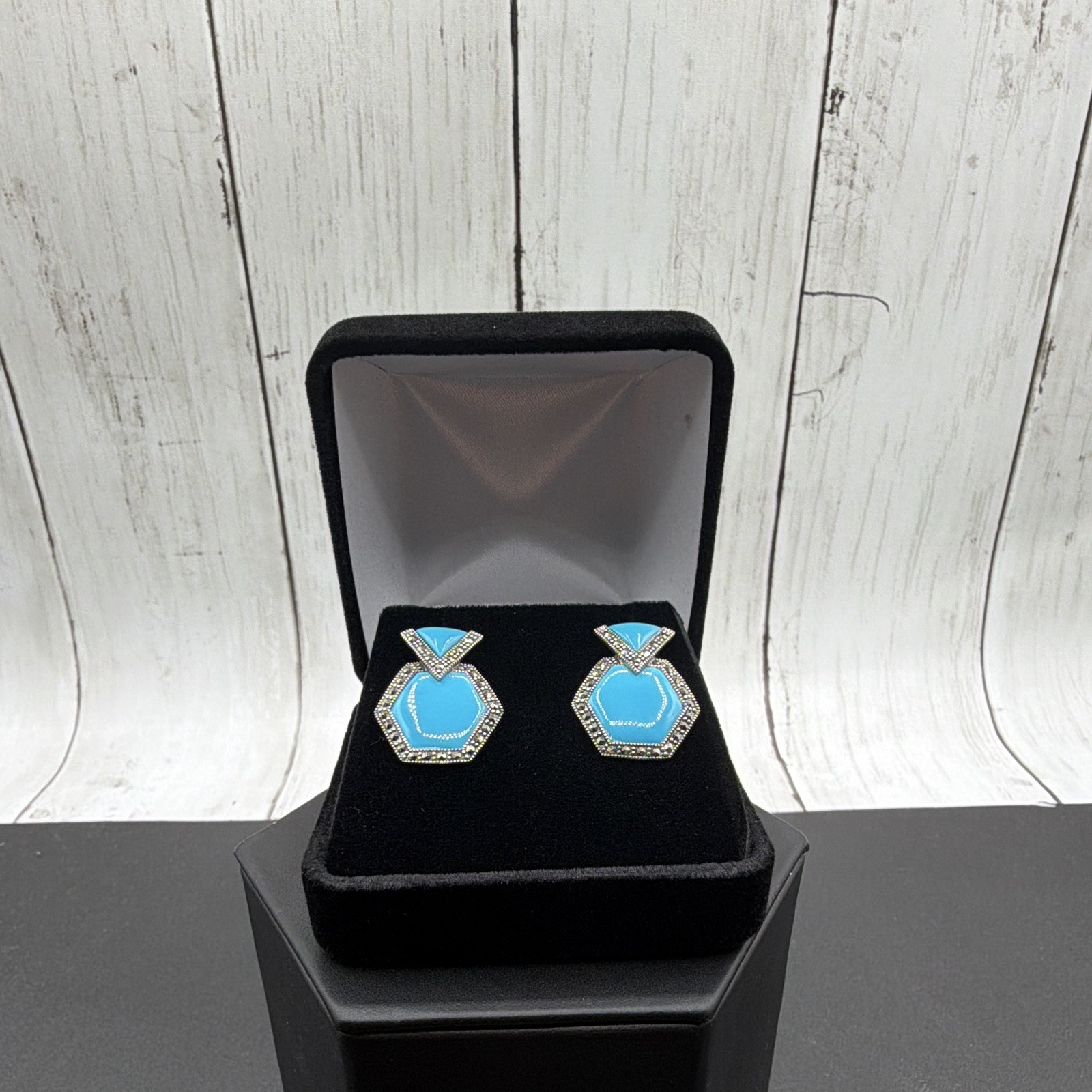 925 SS Sleeping Beauty Turquoise and marcasite Art Deco Earrings