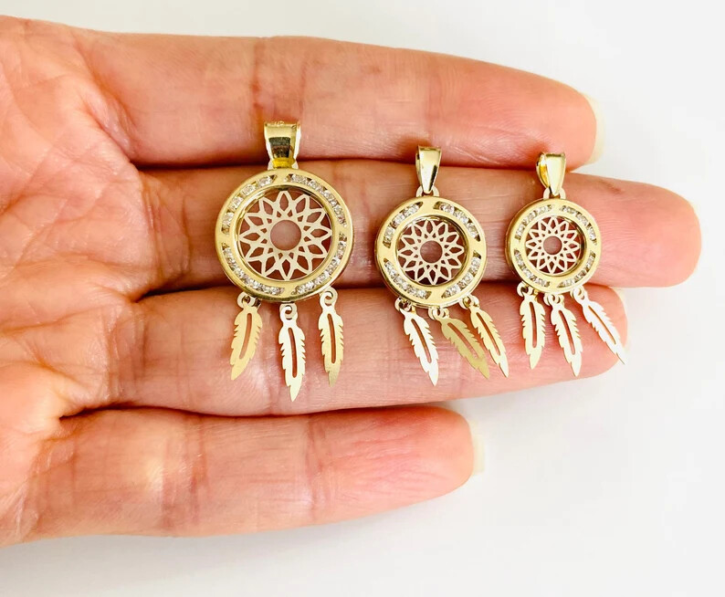 10K Solid Gold Dream catcher 2T Charm Pendant, 10k Real Gold Dreamcatcher- GP91