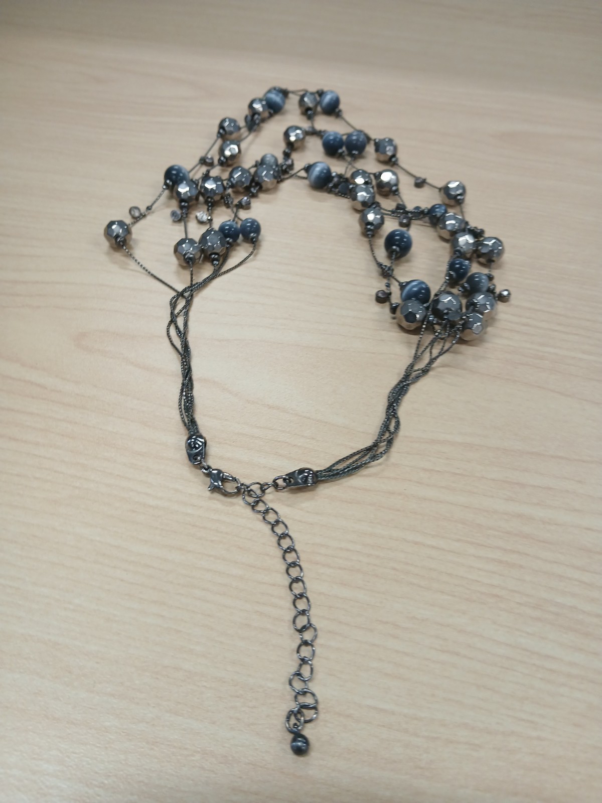 Layered Gray Glass Beaded Necklace Round Beads Silver Tone Lobster Clasp Adj