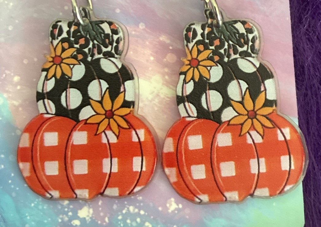 Autumn Acrylic Pumpkin Shaped Drop Style Earrings. Perfect For Halloween, Fall