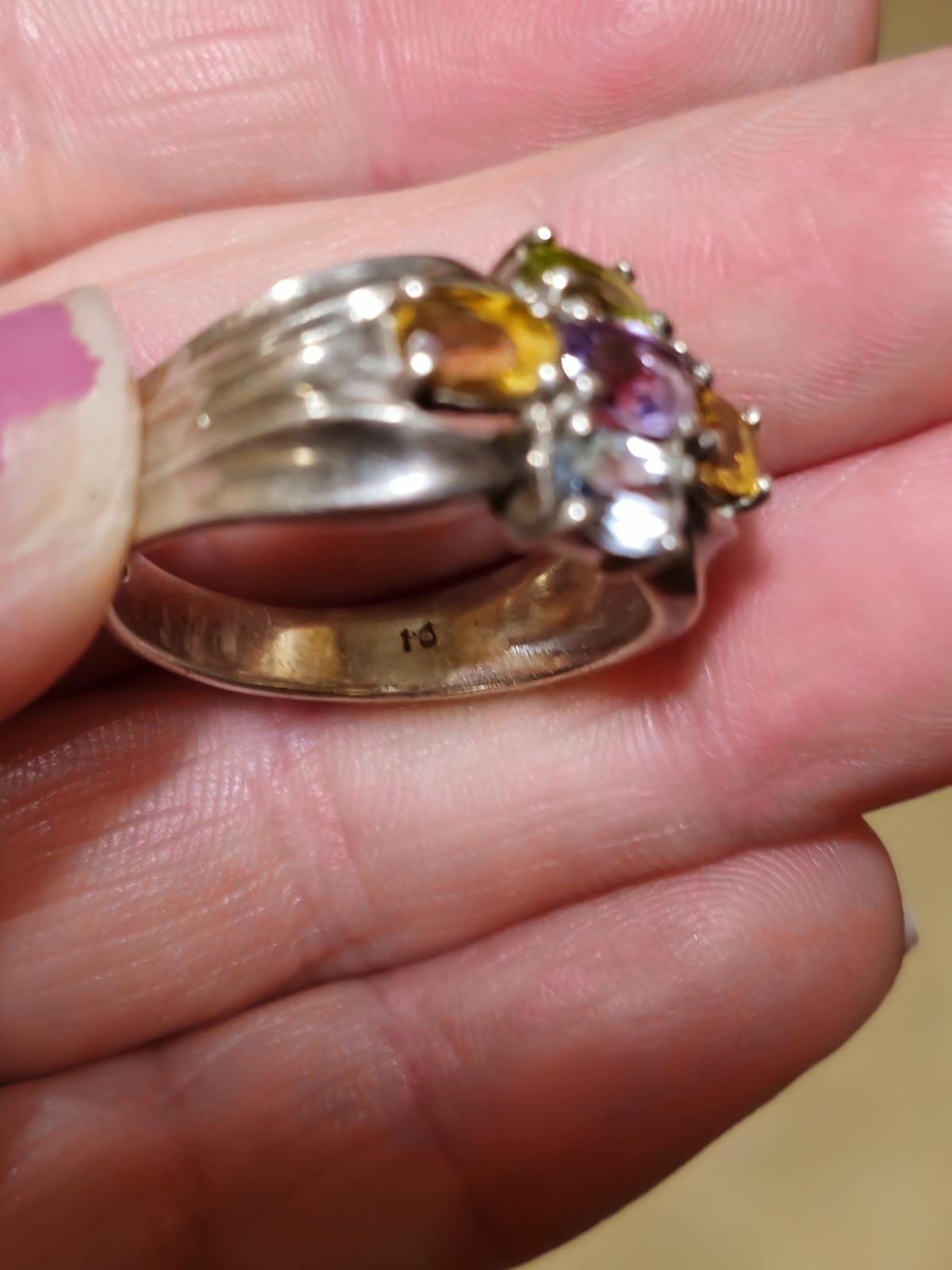 Vintage Sterling Silver Multi Stone Cluster Peridot Amethyst Topaz