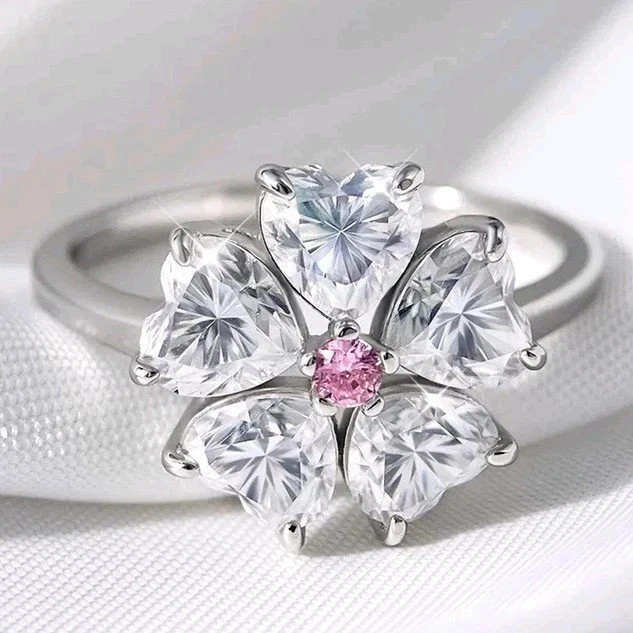RARE 5.50 Ct Certified Treated Gorgeous White&Pink Diamond Heart Ring,925 Silver