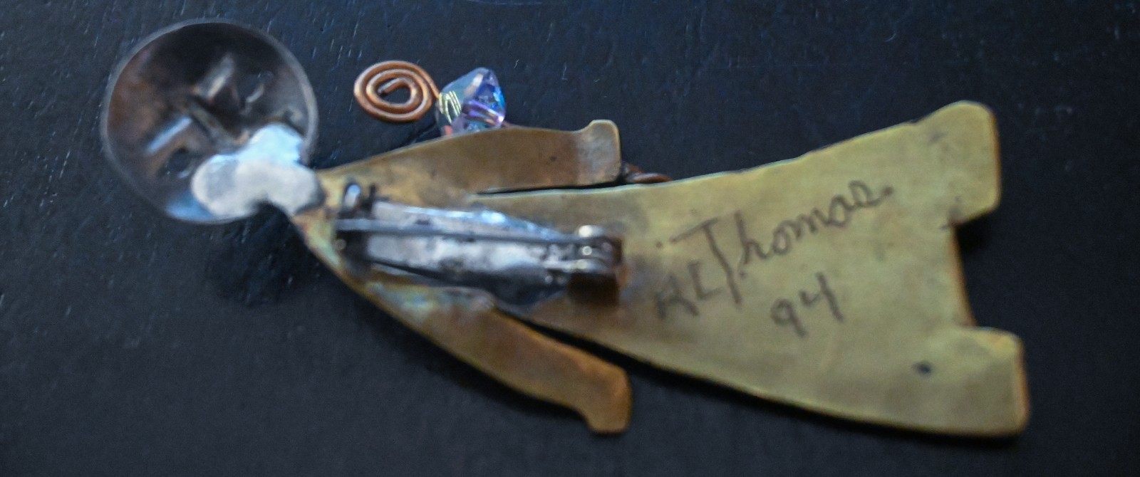 R.L. Thomas Signed 1994 Mixed Metal Figural Brooch Brass Copper Crystal Art Pin