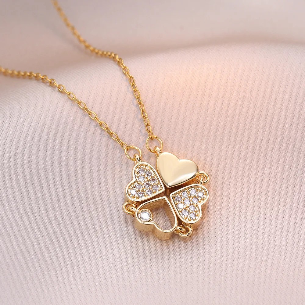 Heart Clover Pendant Necklace Zircon Openable Choker Women Jewelry Gift Love