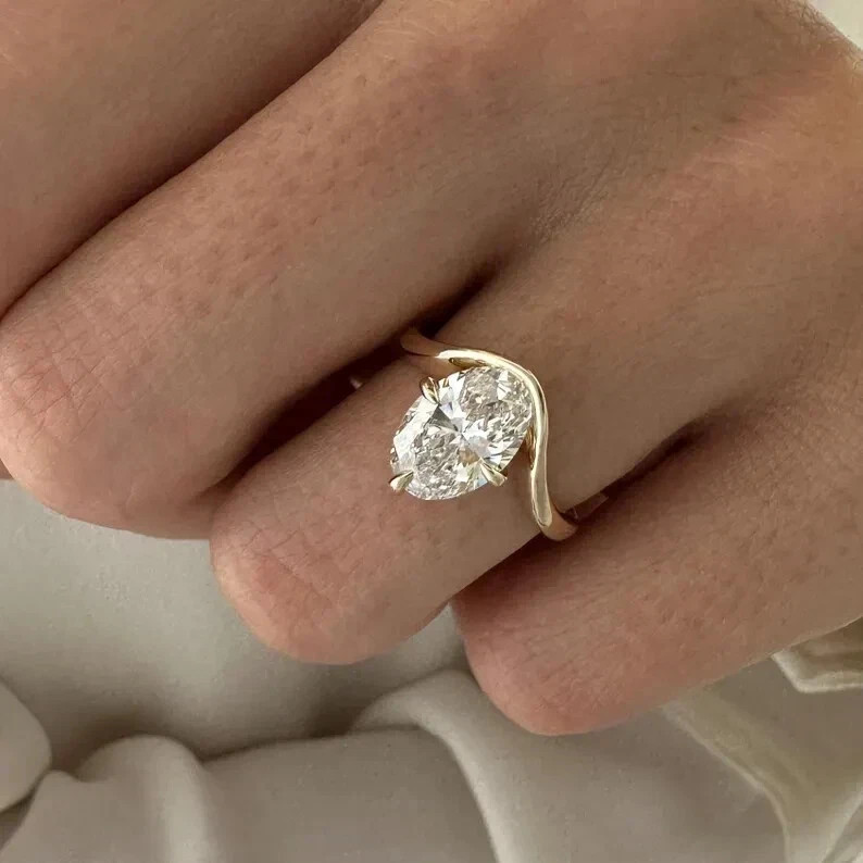 Women Diamond Ring Lab Grown 2 Ct Oval Cut 14k Yellow Gold IGI Certified VVS E F