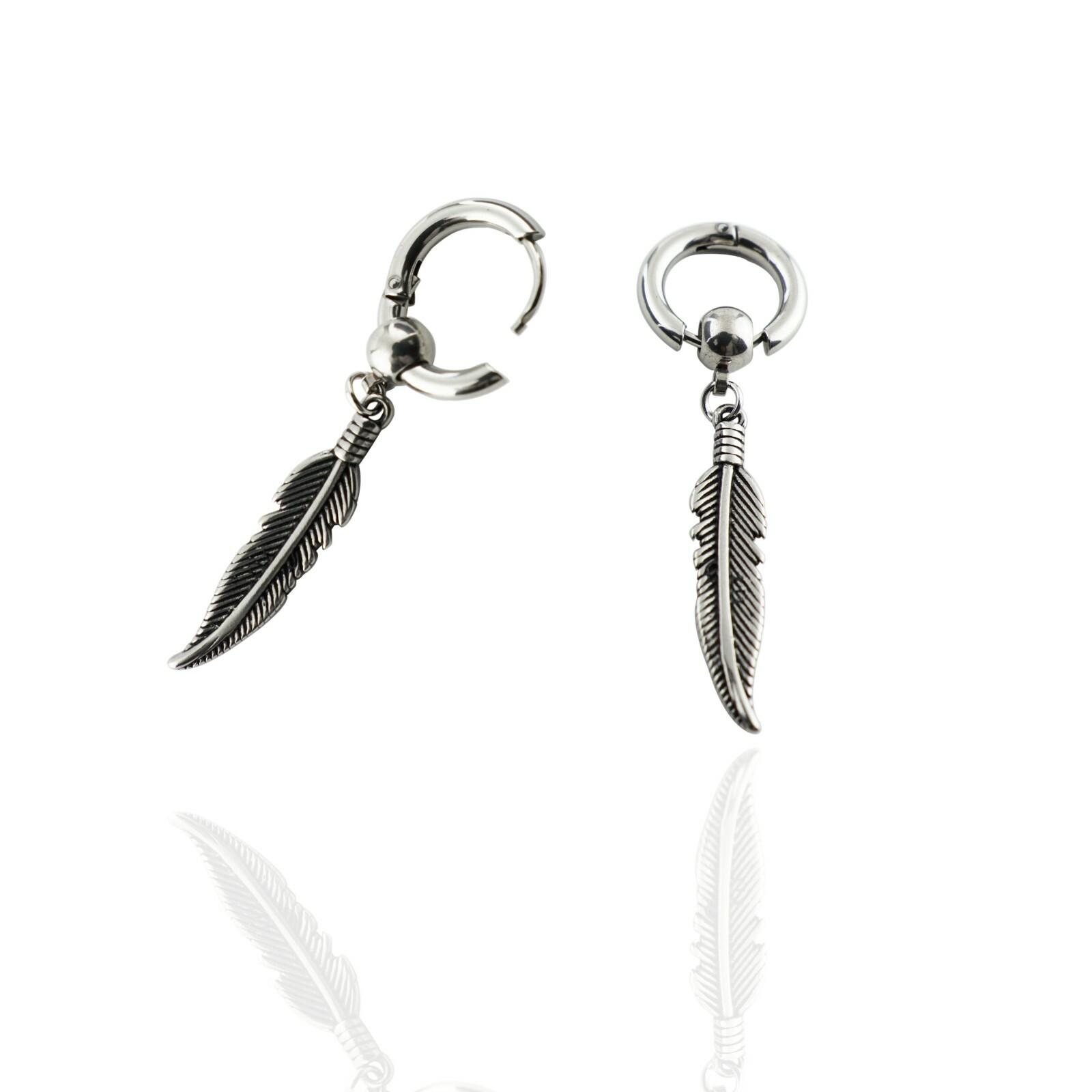 2pcs Stainless Steel Feather Circle Beads Huggie Hoop Dangle Drop Stud Earrings