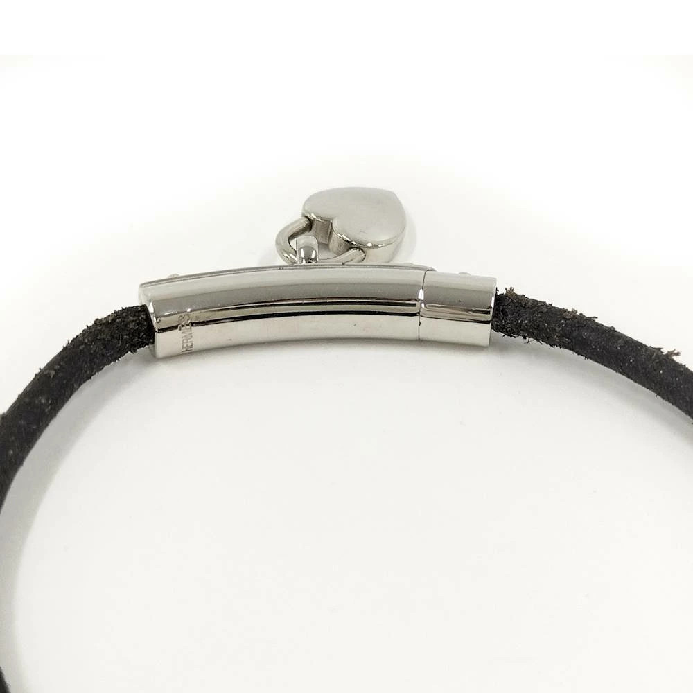 HERMES Viviride Bracelet Silver Leather Chain Heart Used 18cm
