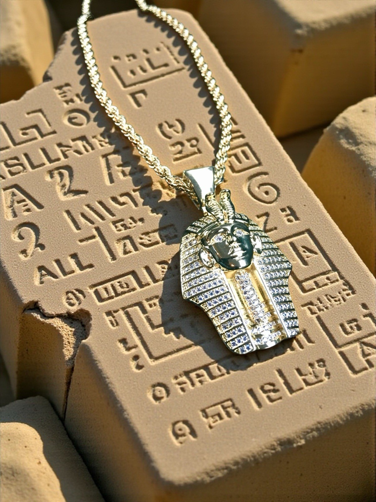 18K GOLD ROPE 24” CHAIN EGYPTIAN PHARAOH LAB DIAMONDS NECKLACE **MADE IN ITALY**
