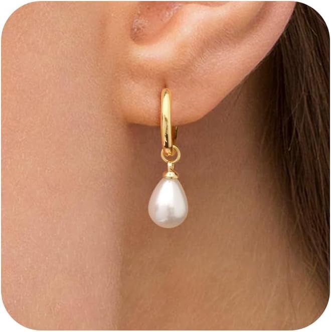 Gold Pearl Dangle Earrings for Women, 14K Plated Small Drop…