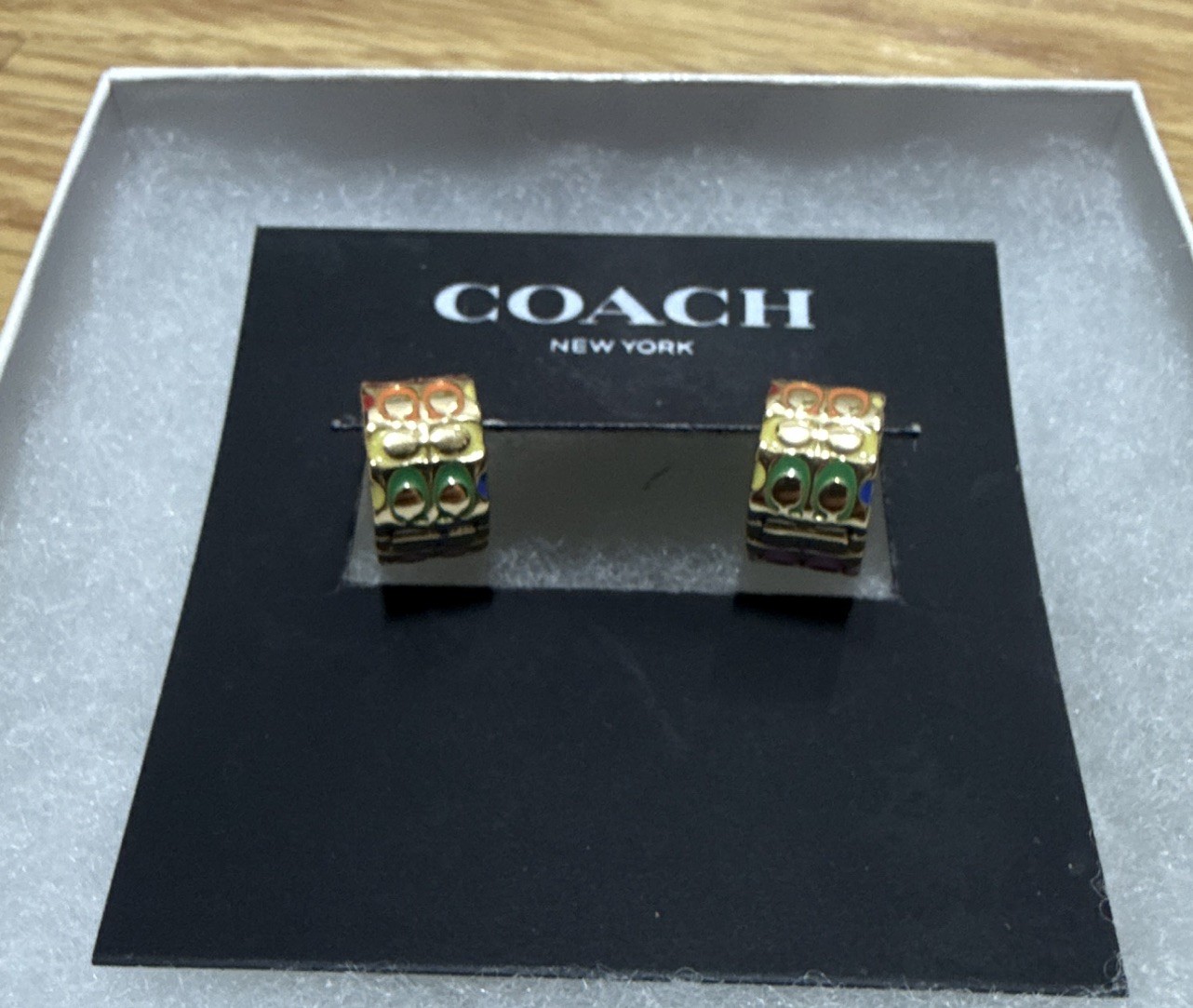Coach Gold Tone Multicolor Enamel Hinged Huggie Hoop Earrings No Stone