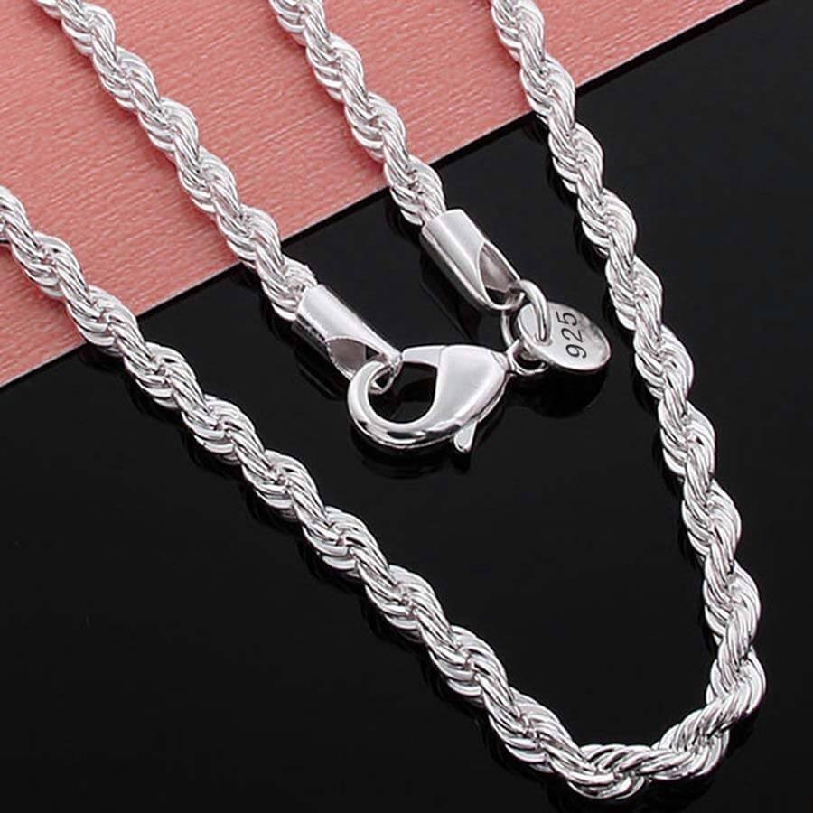 Solid Silver Twisted Rope Chain Necklace 3mm Thick 16″ 18″ 20″ 22″ 24″ 26″ 28″