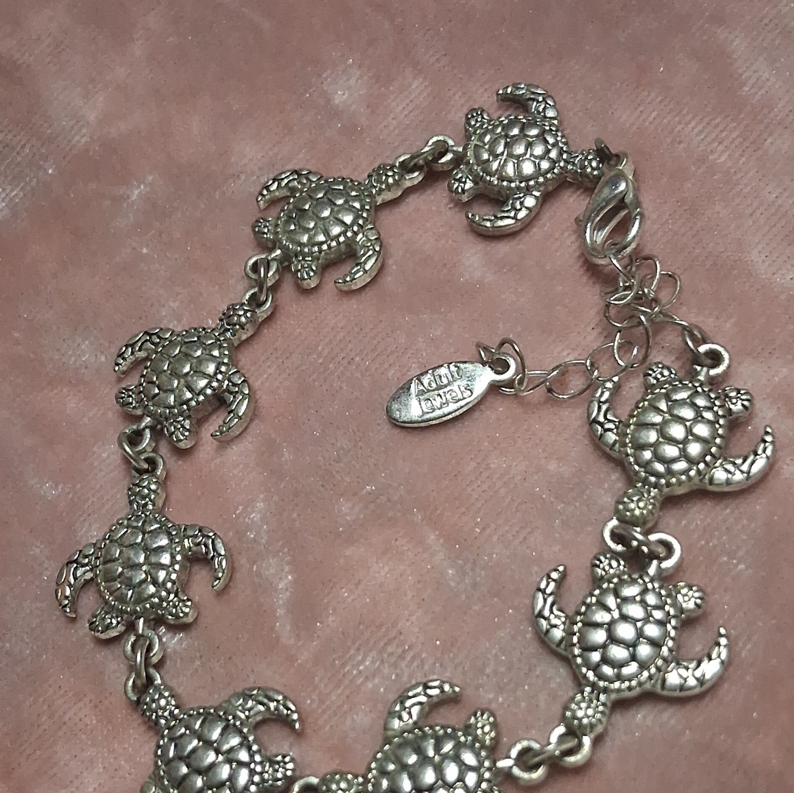Adult Jewels Silver Turtle Dangle Charm Round Link Bracelet Lobster Signed