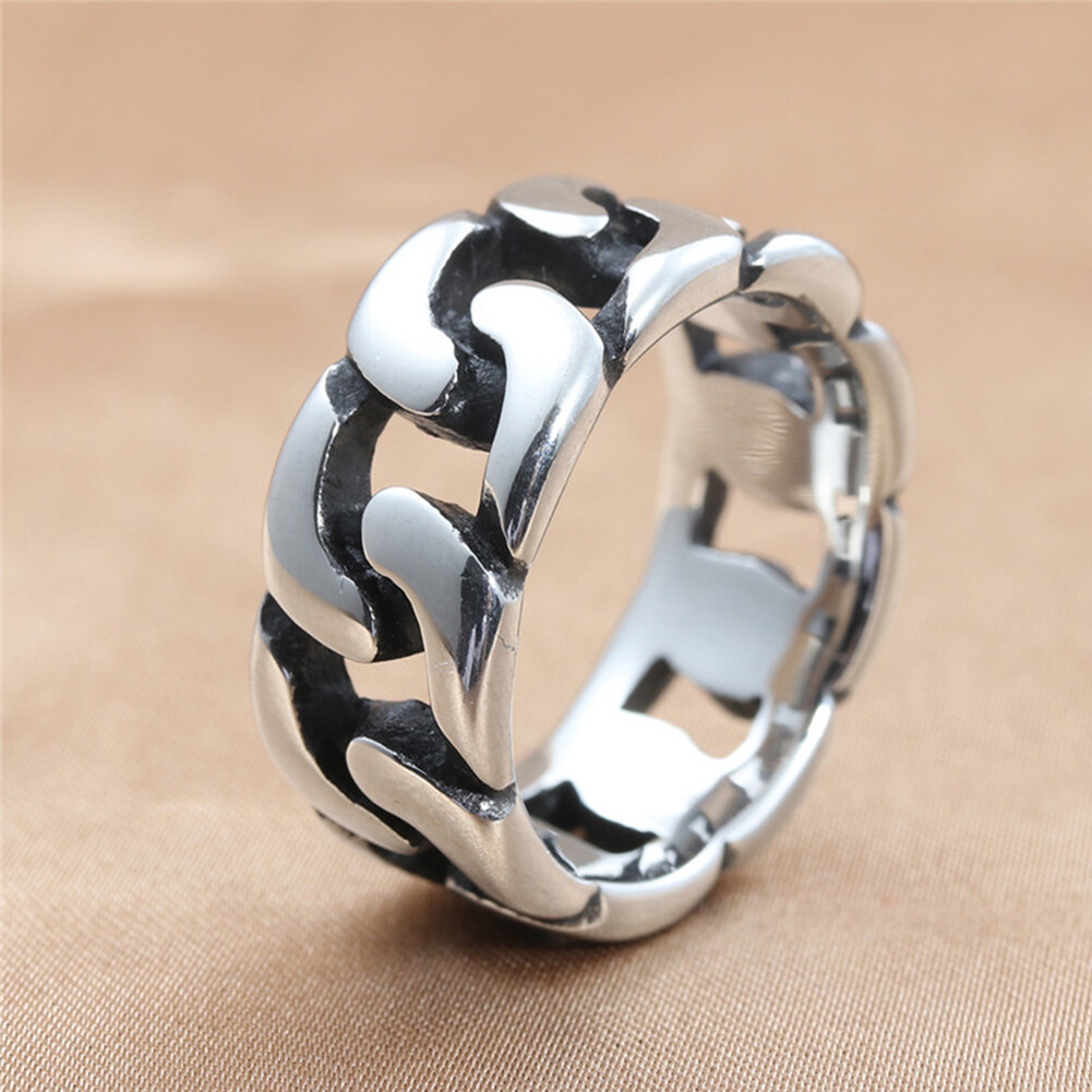US Stainless Steel Cuban Link Ring Wide Curb Chain Band Biker Twisted Dome Ring
