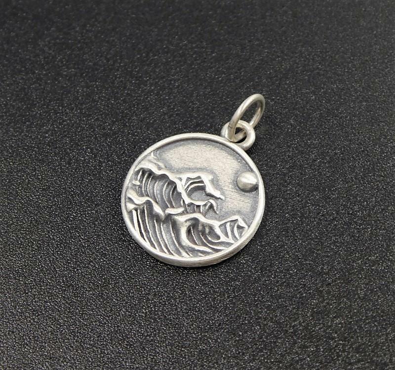 Handmade Sterling Silver Ocean Wave and Sun Small Round Charm Pendant Unique