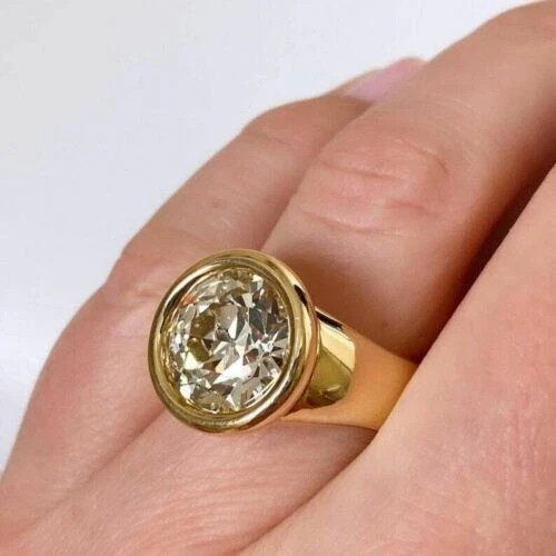 3Ct Round Cut Real Moissanite Bezel Set Engagement Ring 14K Yellow Gold Plated