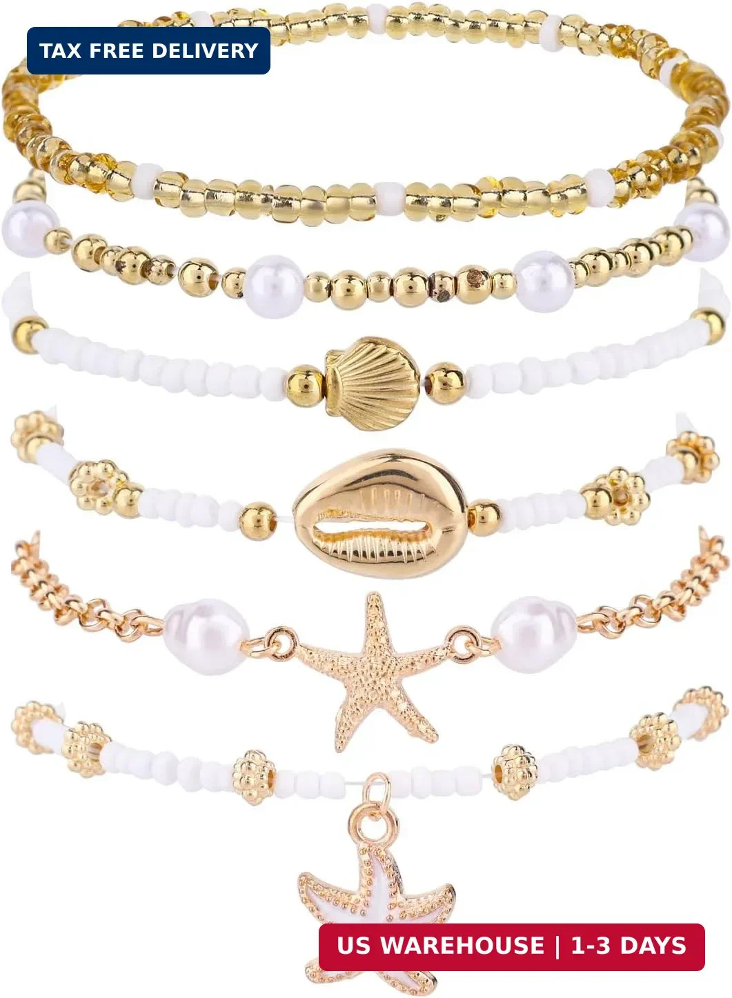 Mikovivi 7pcs Summer Beach Bracelets for Women, Stackable Shell Seashell Starfis