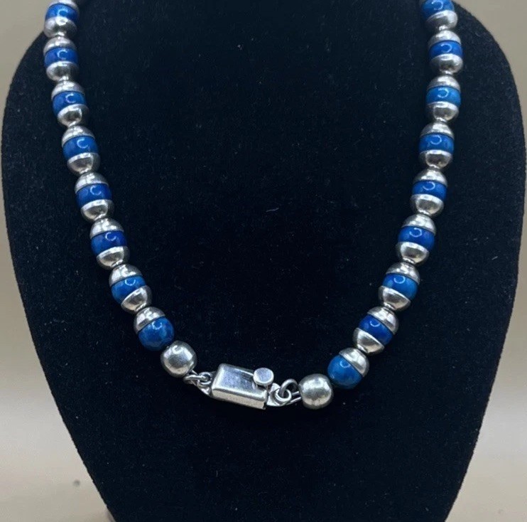 Taxco Mexico Blue Turquoise Bead Set Sterling Silver Necklace 22.5in (55.1g)
