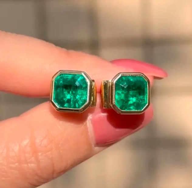 Natural Emerald 4Ct Emerald Cut Solitaire Stud Earring 14k Yellow Gold Plated
