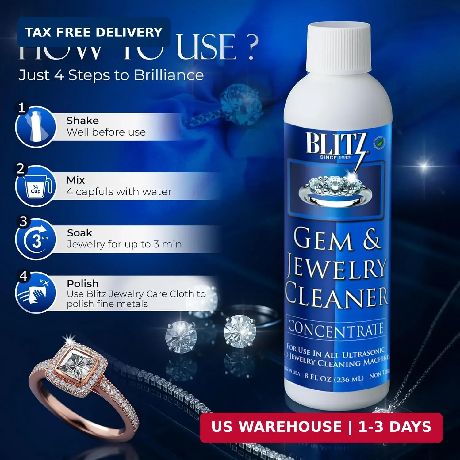Blitz Gem & Jewelry Cleaner Concentrate. Refill for ultrasonic machines 8oz | Bl