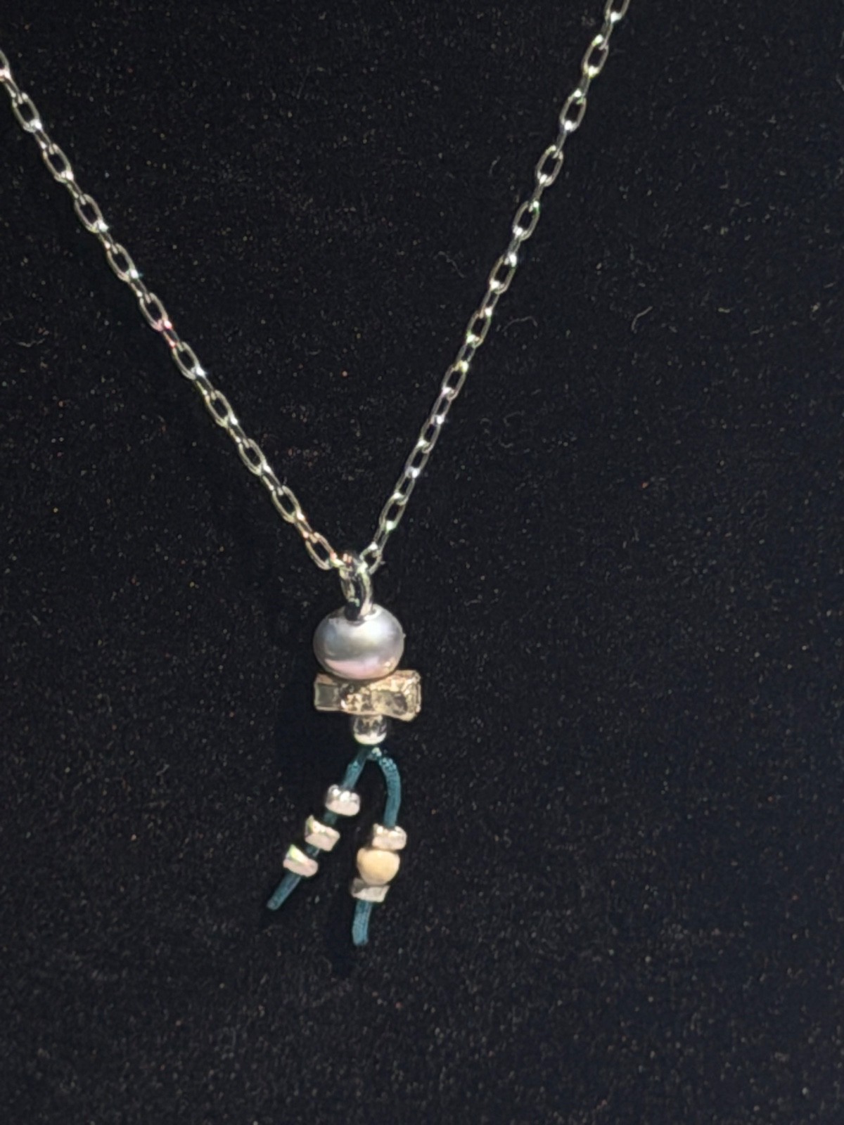Authentic CHAN LUU Boho Mixed Media Pendant Necklace • Teal Cord & Pearl Tassel