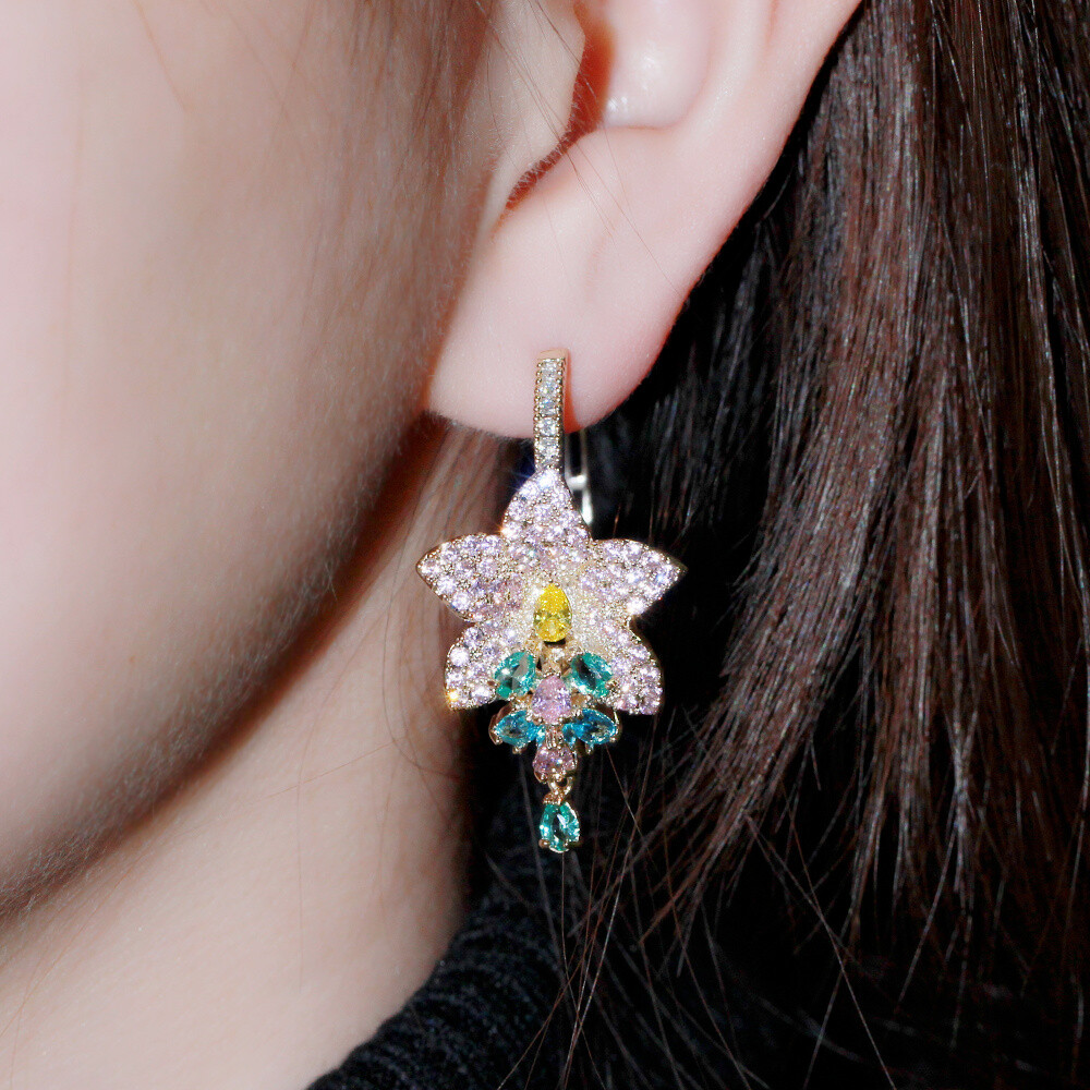 Black Gold Plated Purple CZ Large Round Dangle Drop Tassel Flower Hoop Earrings