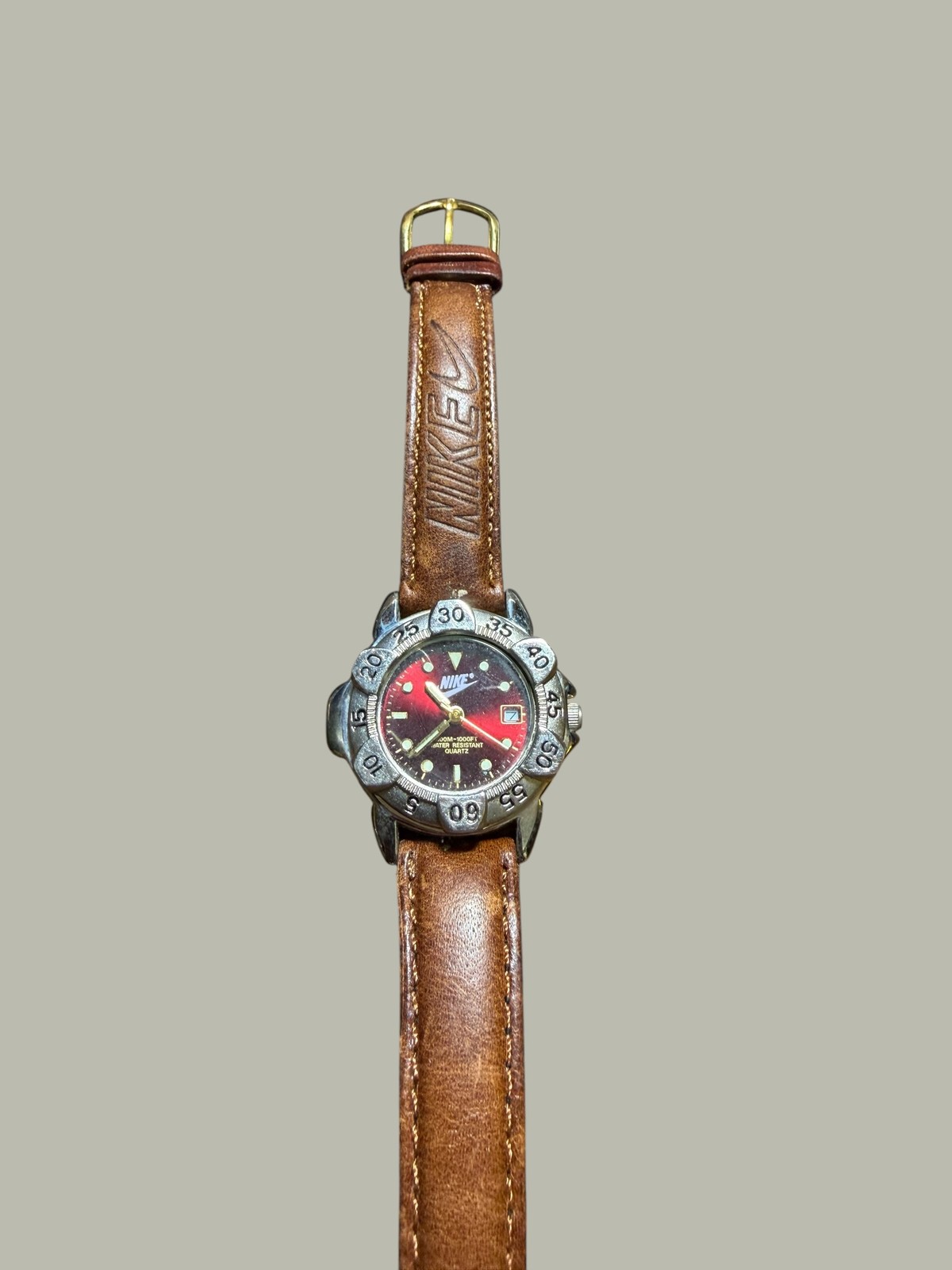 Vintage Nike Watch Red Dial Diver Style Quartz Brown Leather Band Water