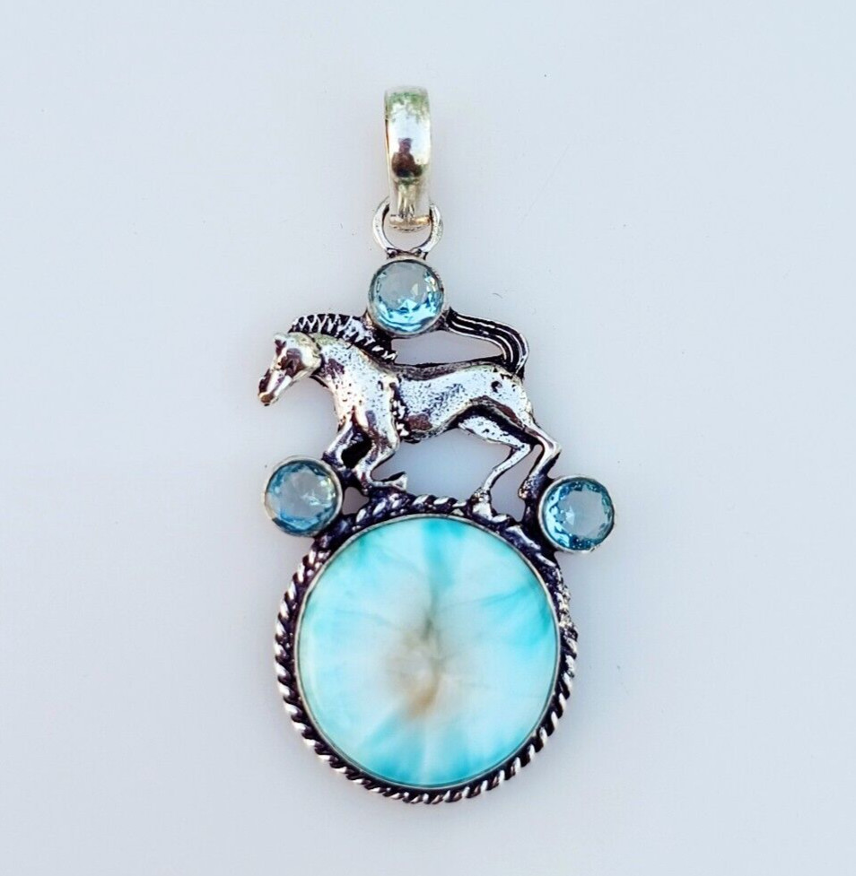 Larimar Gemstone Pendant 925 Sterling Silver Handmade Horse Jewelry 2.16″