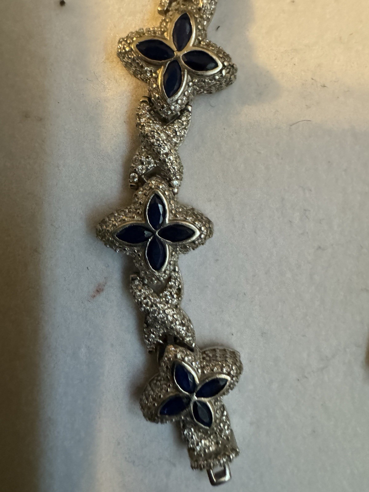 925 Sterling Silver Blue Flower Link Bracelet Box Clasp Signed Stackable