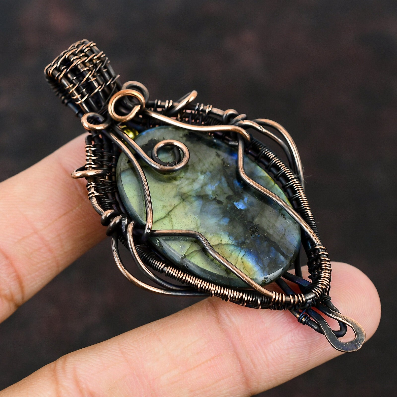 Labradorite Wire Wrapped Pendant Handcrafted Copper Ethnic Gift 3.07″