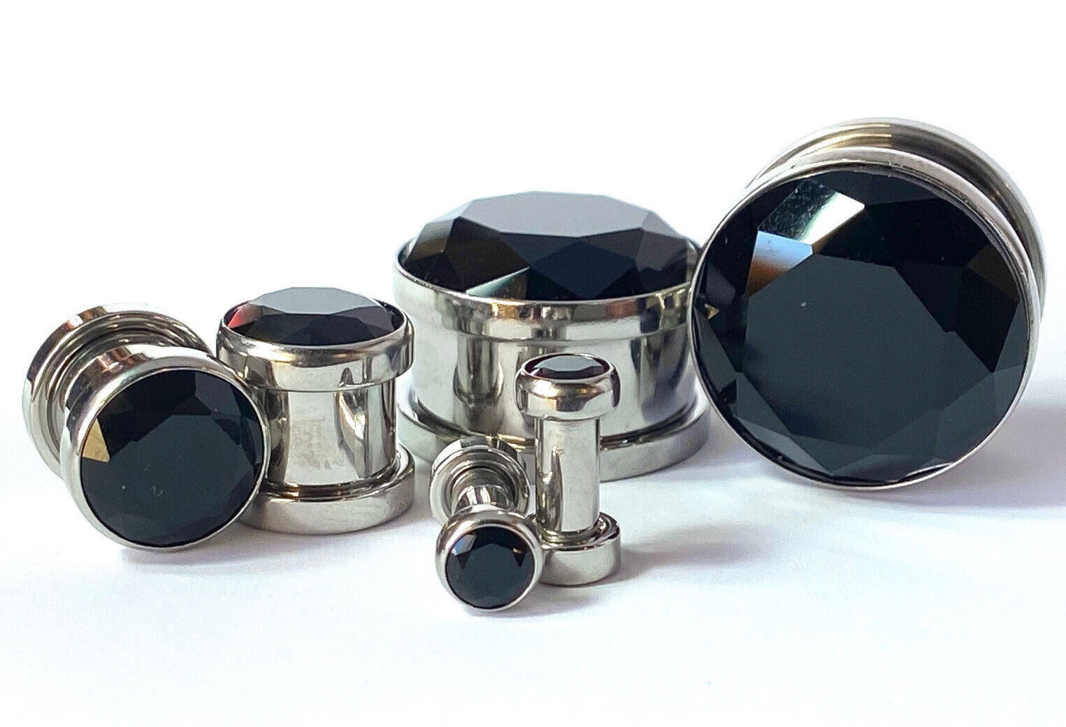 PAIR Large Black Gem Screw Fit Tunnel Plugs Gauges Pierced Body Jewelry Piercing