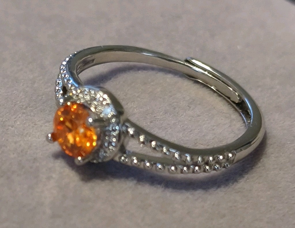 Silver Halo Ring Round Orange Moissanite Stone Adjustable