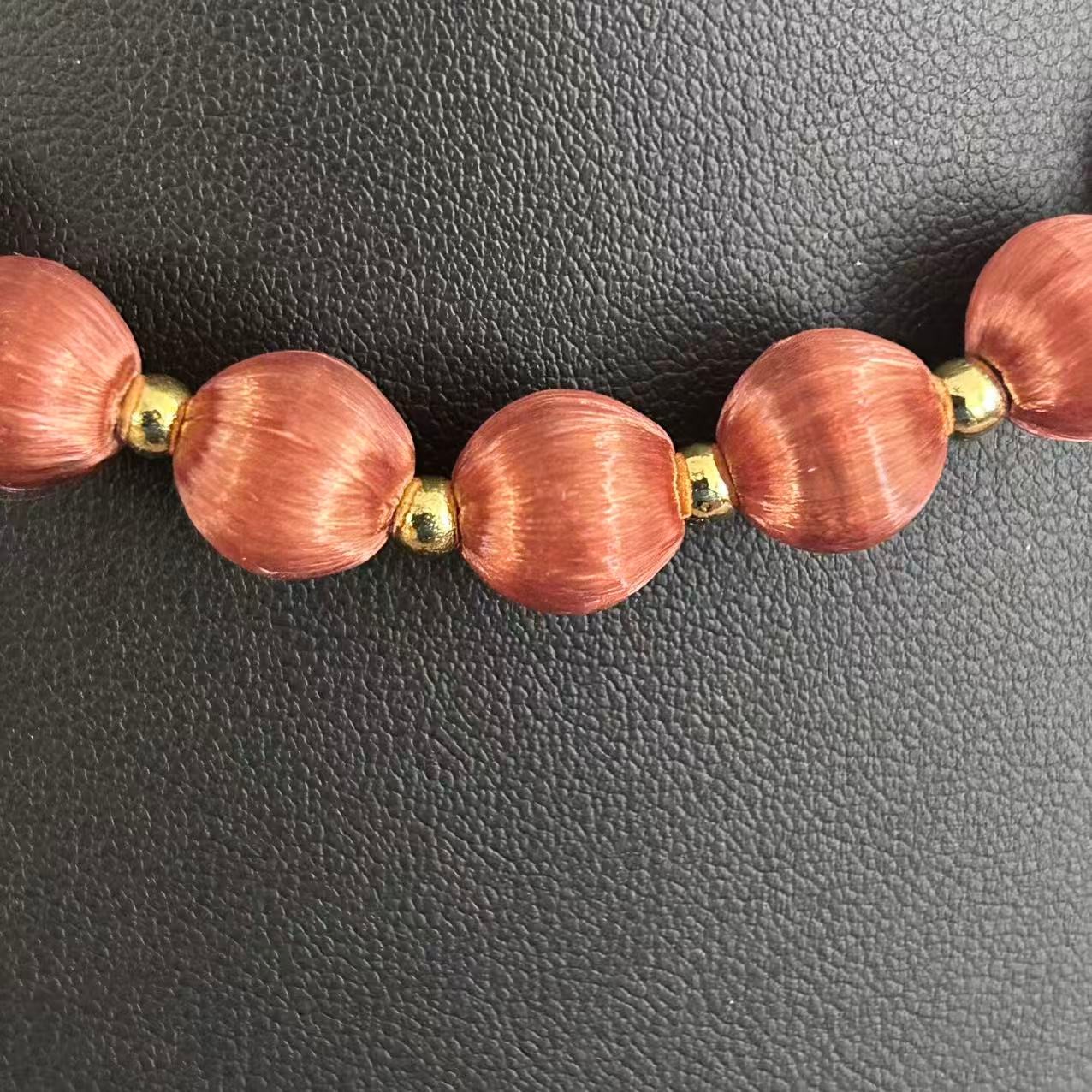 Vintage Burgundy Silk Satin Thread Wrapped Bead Single Strand Necklace 30″