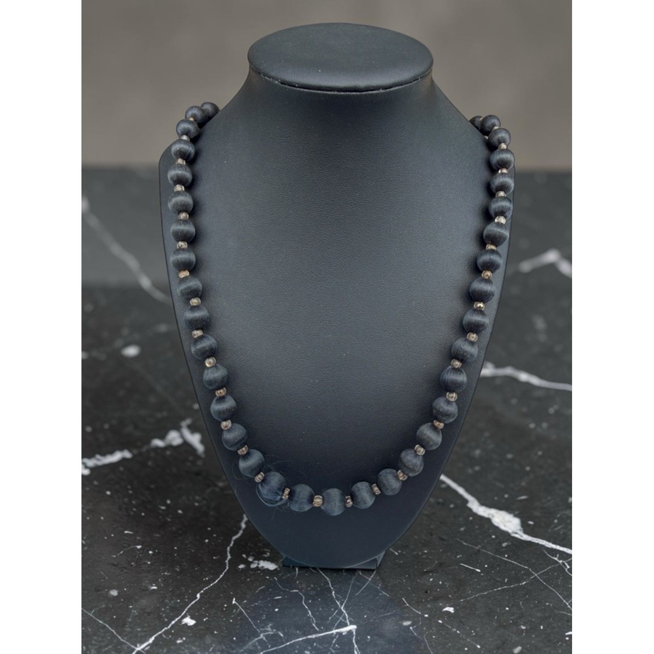 Vintage 30″ Silk Thread Wrapped Bead Necklace Midnight Navy Black Boho Statement