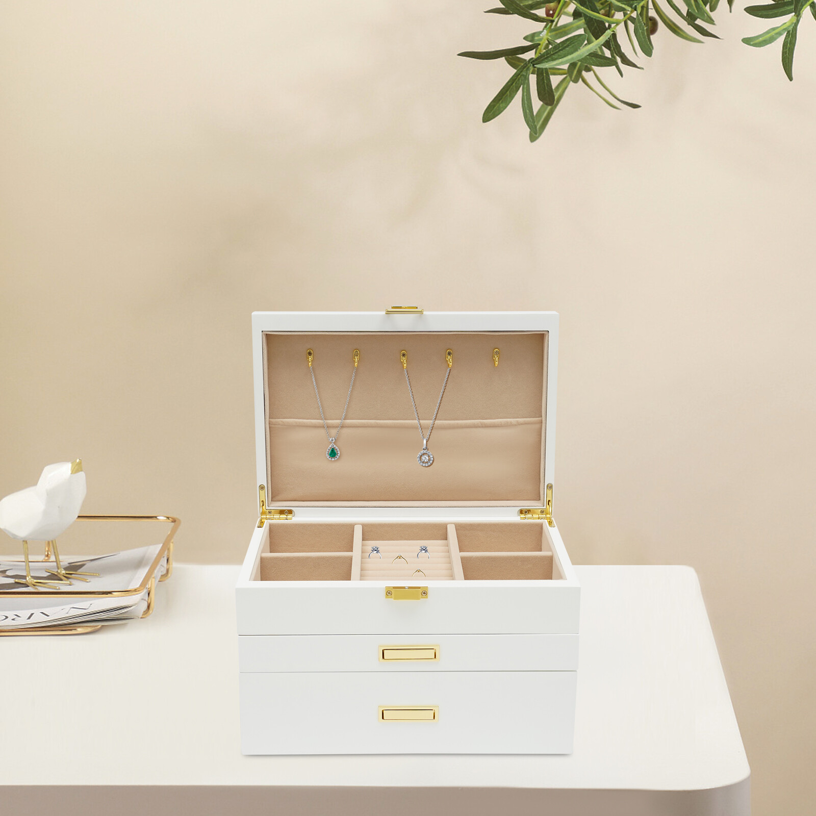 Jewelry Storage Box W/ Safe Lock 3 Layers Large Capacity Organizer with 2 Drawer