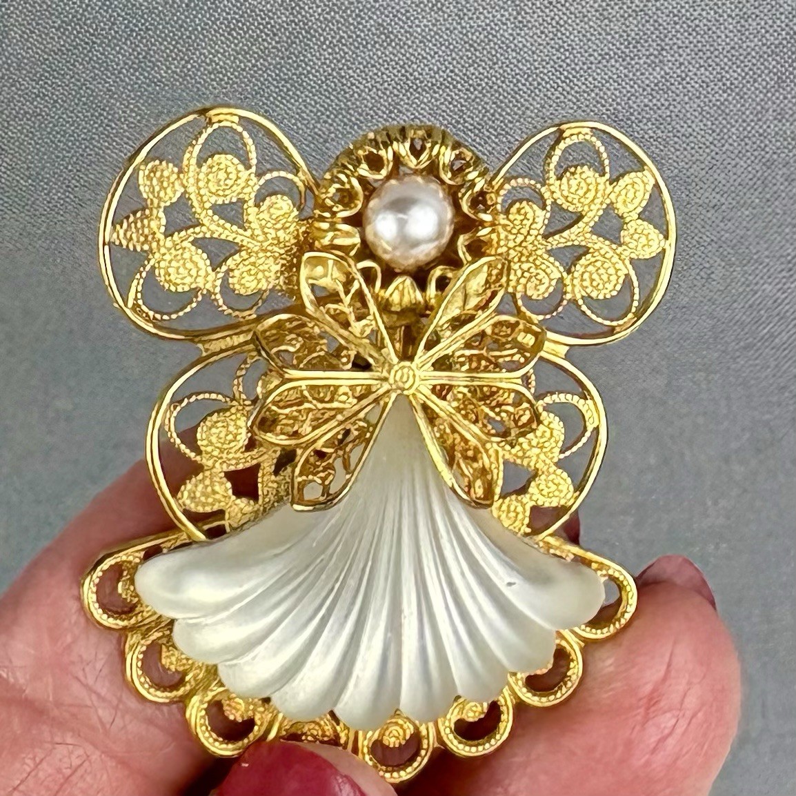 Vintage Frosted Glass Filigree Angel Brooch Pin Signed Jane
