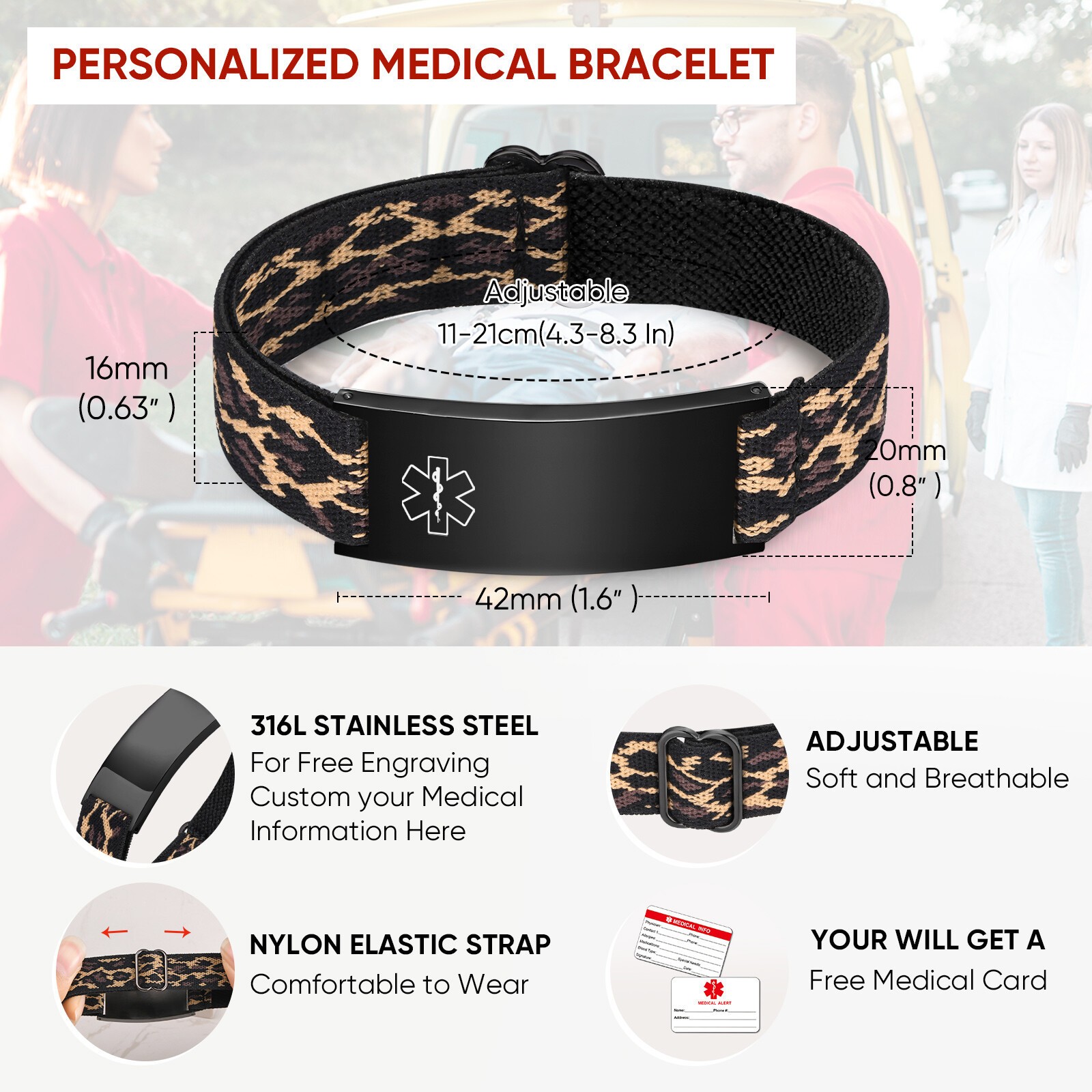 Personalized Medical Alert ID Bracelet Elastic Emergency Bangle Wristband Unisex