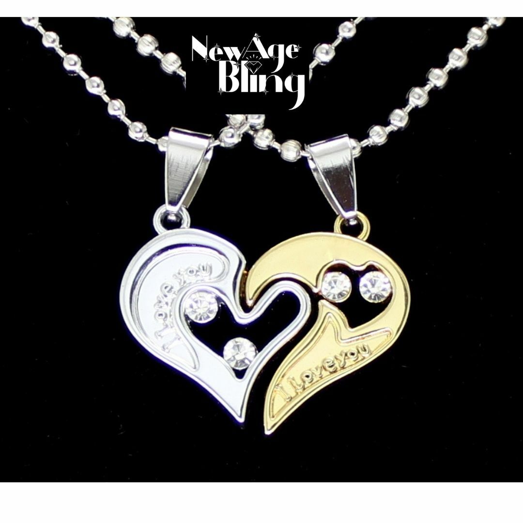 Split Heart 2pc Pendant Cubic Zirconia 20″ Plated Stainless Steel Ball Necklace