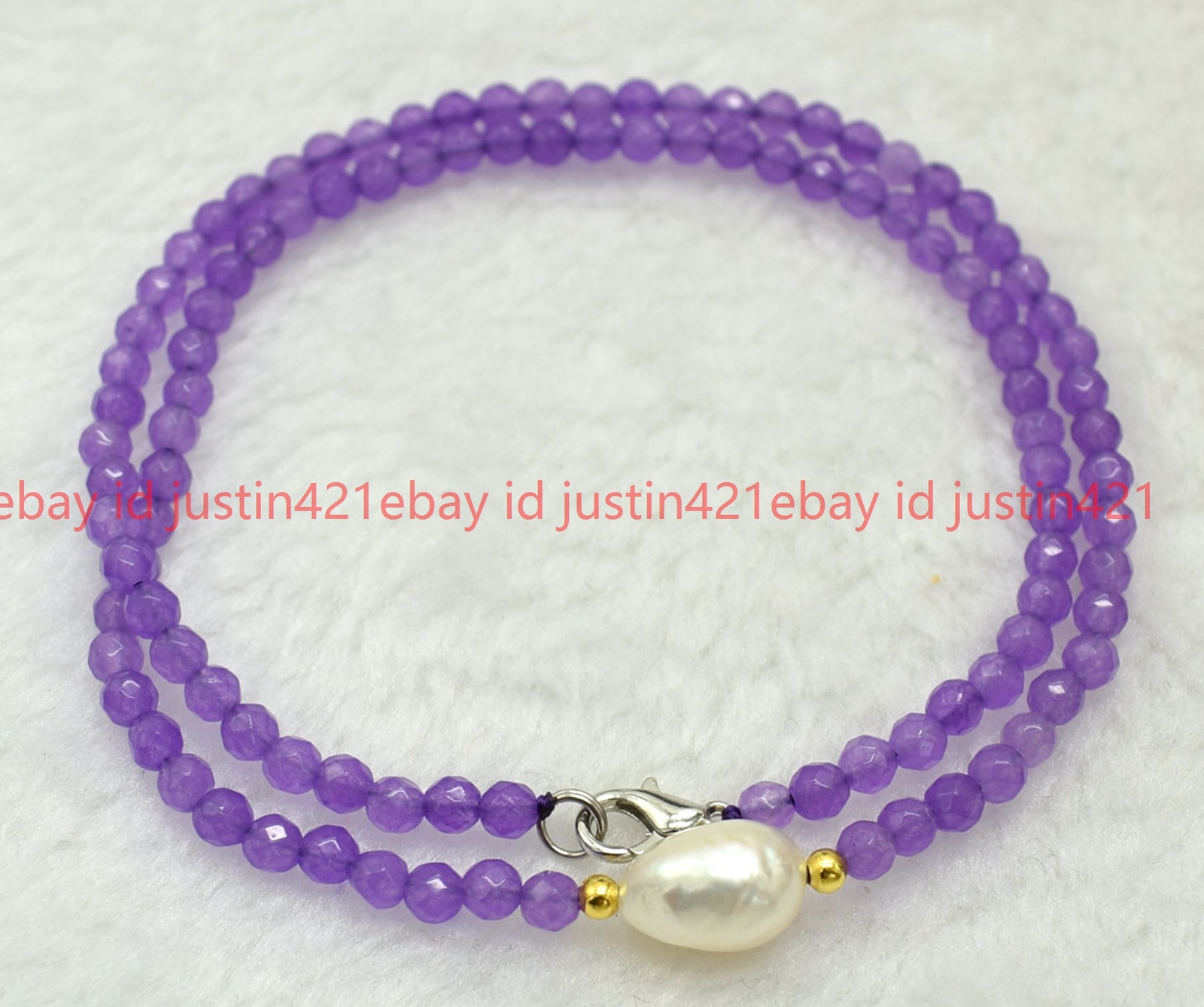 4mm Faceted Lavender Jade Round Gemstone & 11-12mm White Baroque Pearl Necklace