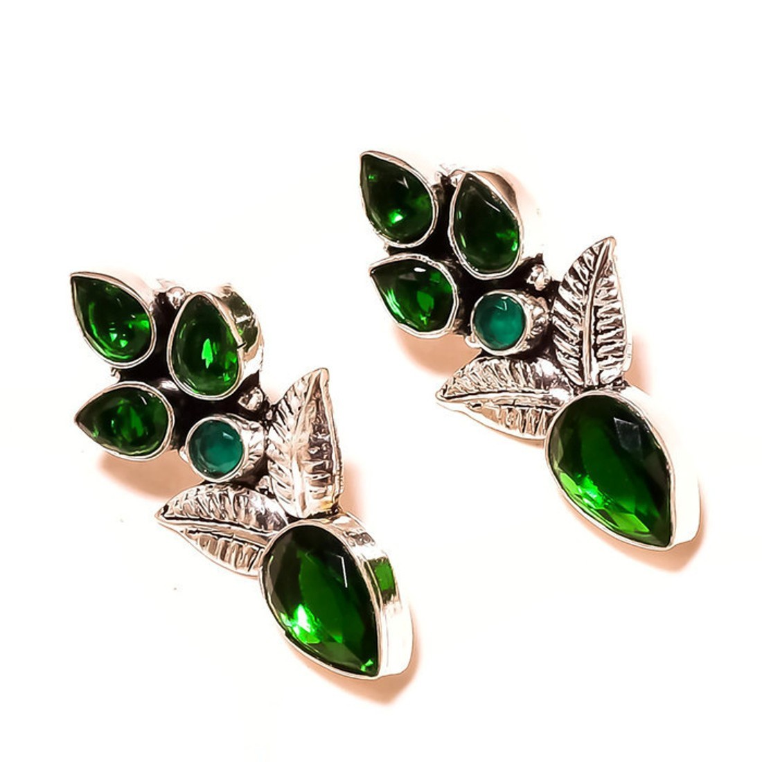 Chrome Diopside Gemstone 925 Silver Handmade Engraved Push Back Drop Earrings