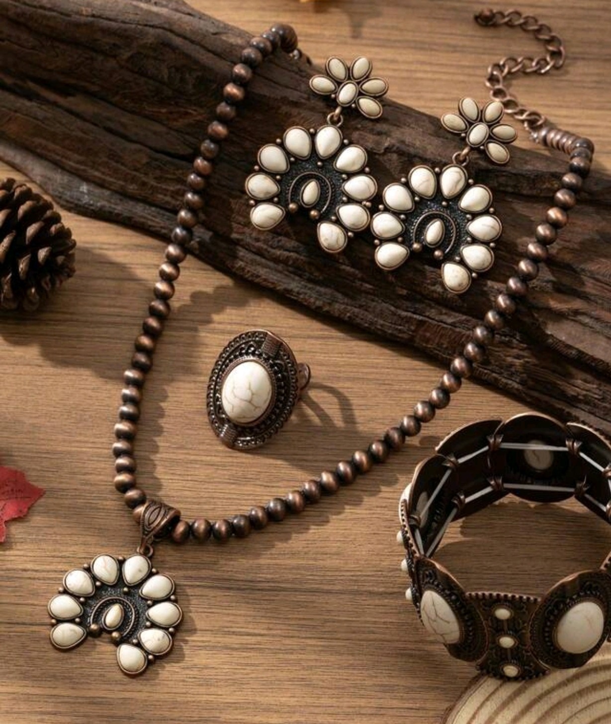 Bronze Tone White Floral Metal Jewelry Set Necklace And Earrings
