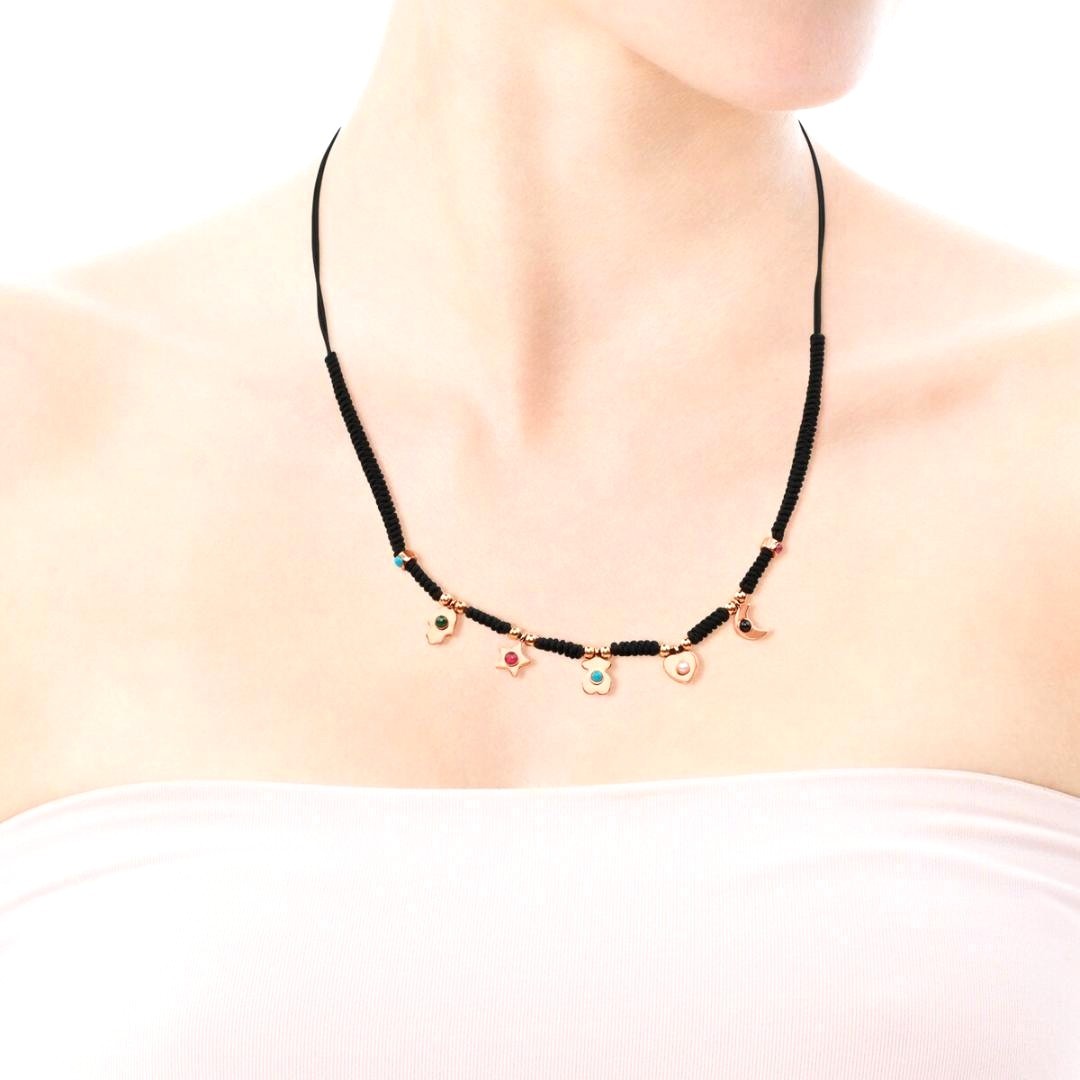 TOUS Super Power Charm Necklace Black Cord Rose Vermeil Silver Gemstone Spain
