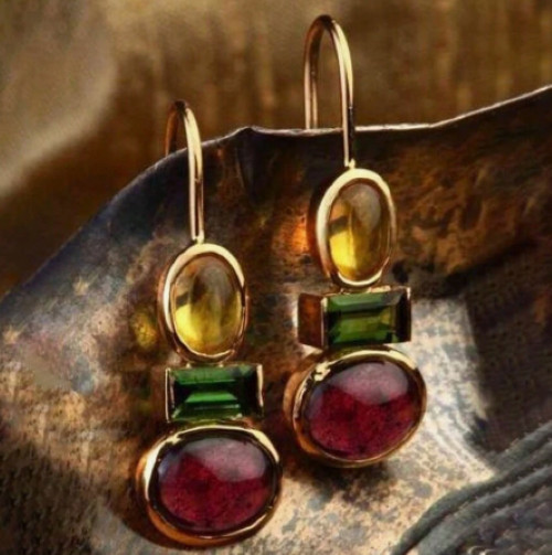 Multi Color Gold Hook Drop Earrings Resin Stones Yellow Green Red