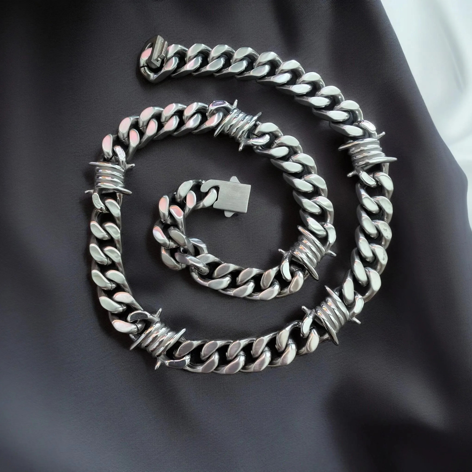 Barbed Wire Necklace, Cuban Chain, 316L Stainless Steel, Punk Jewelry