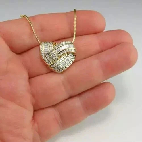 3Ct Round & Baguette VVS1 Diamond Heart Pendant 14K Yellow Gold Over Free Chain
