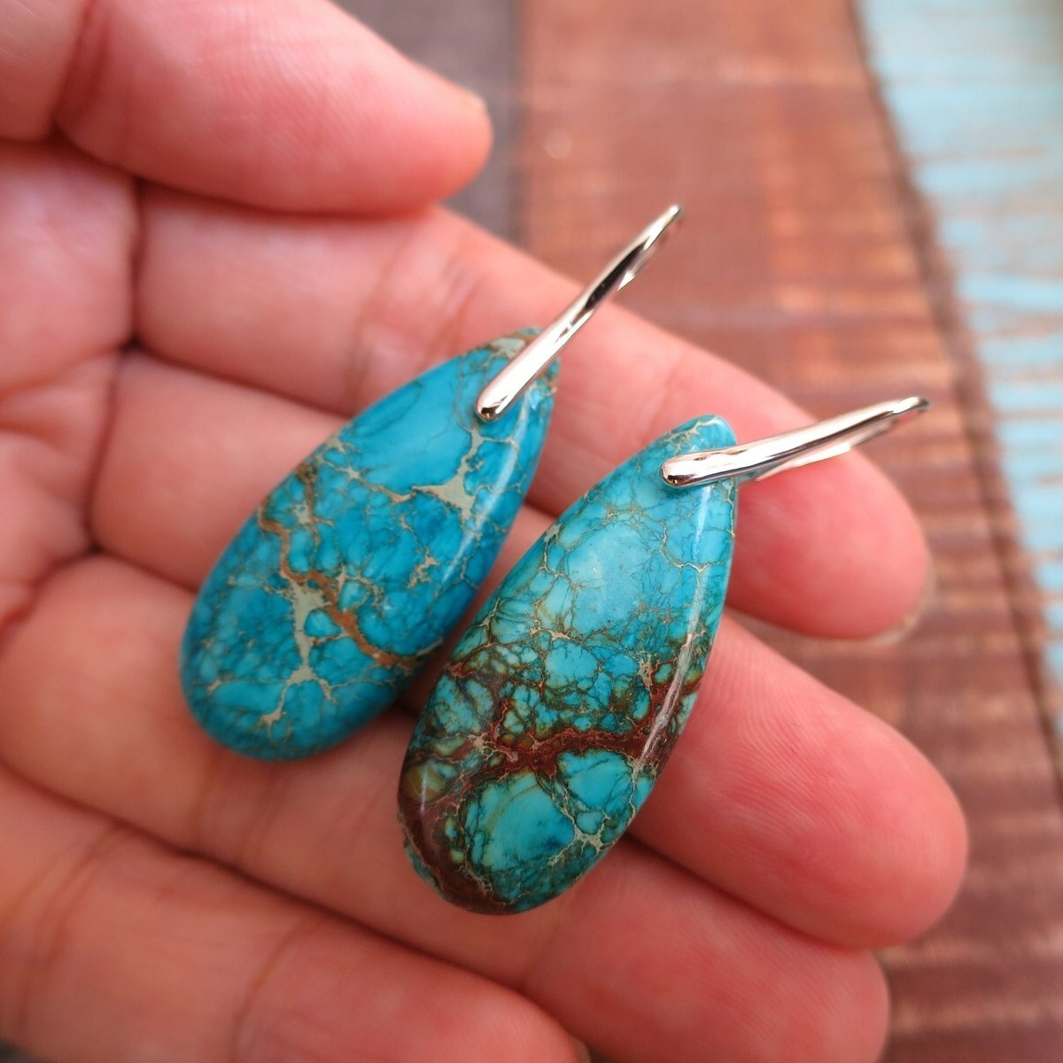 Natural Turquoise Stone Teardrop Dangle Earrings Boho Gemstone Hook Earrings