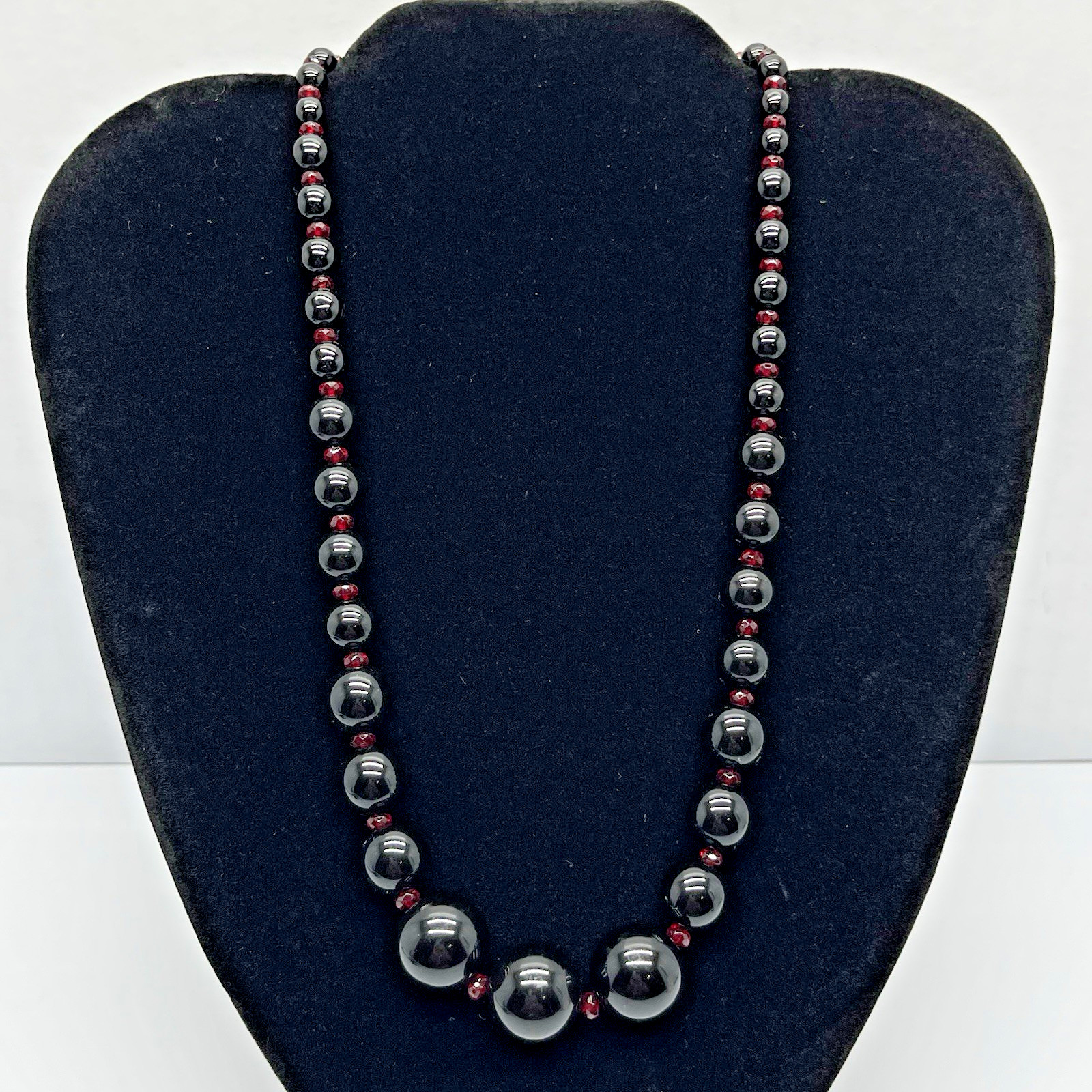 Gothic Black Beaded Necklace Graduated Bead Ruby Red Crystal Spacer Silver Tone