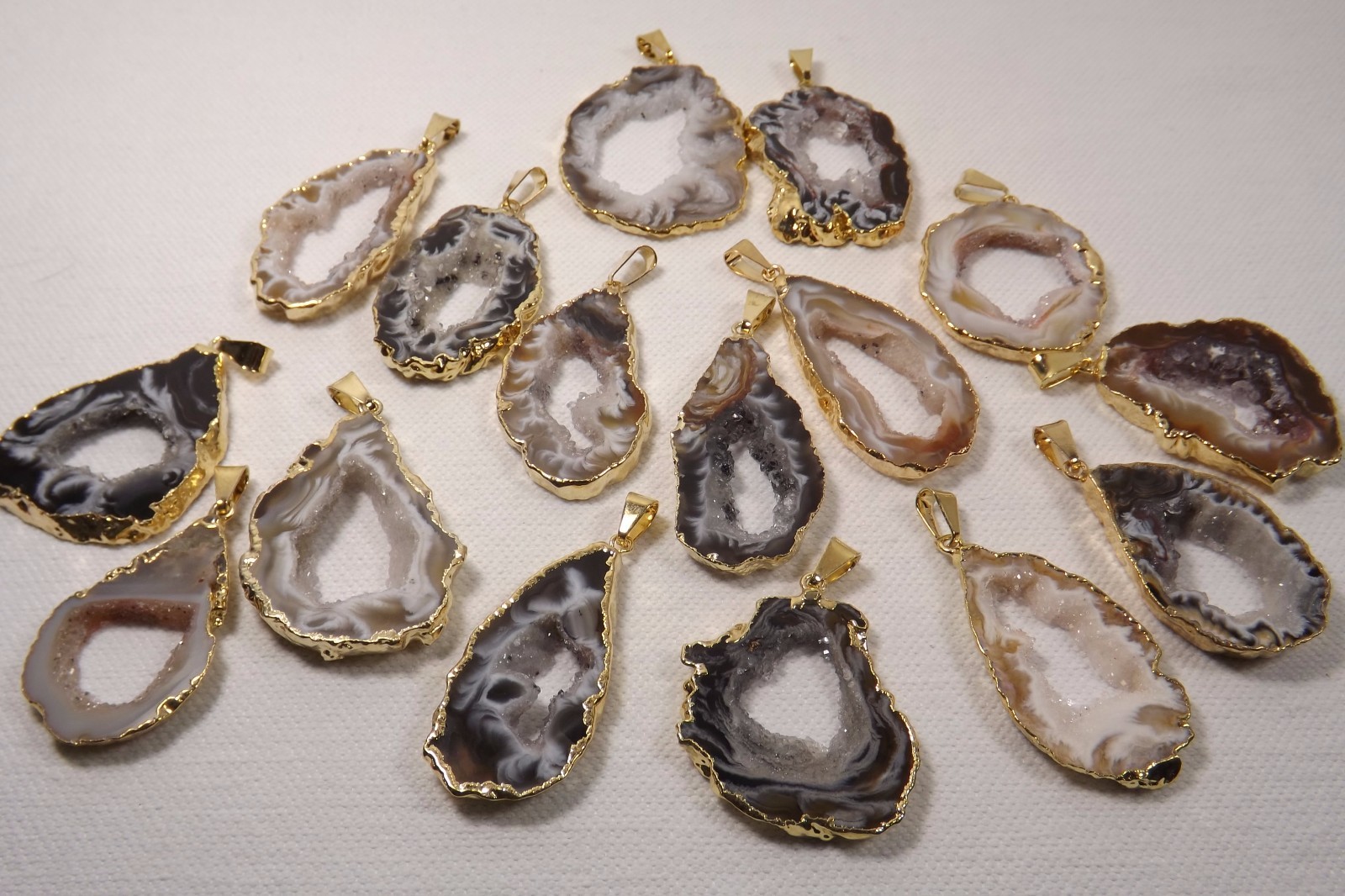 AGATE PENDANT CRYSTAL GEODE Slice, Unique Polished Natural Stone Brazil Gold Edg