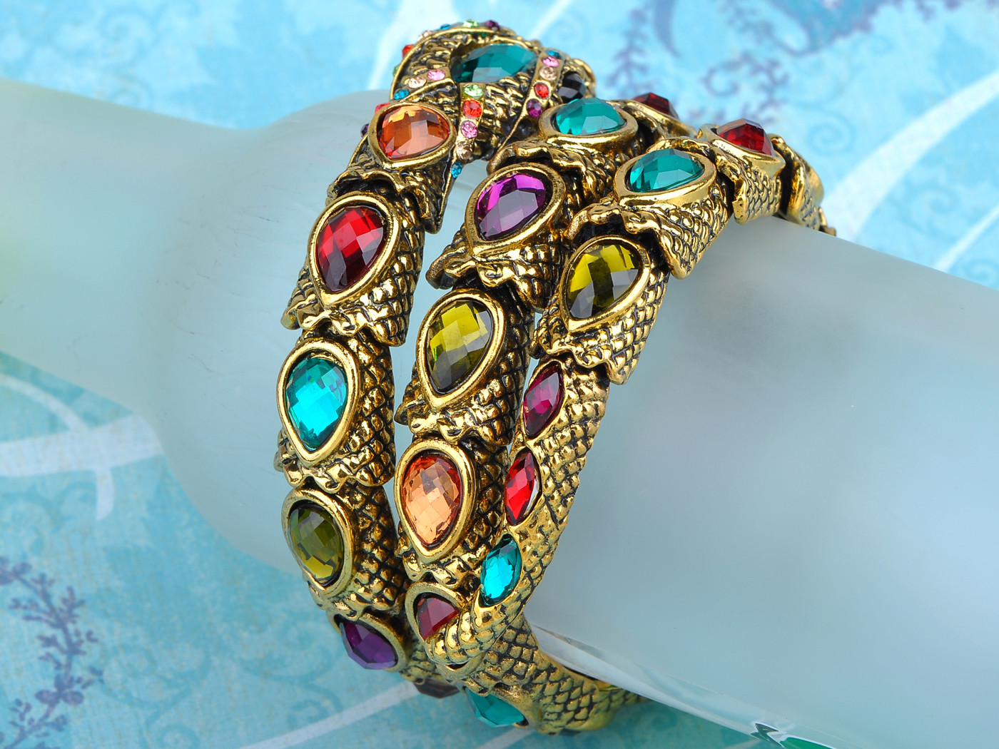 Gold Tone Multi Rhinestones Colorful Egyptian Snake Cuff Wrap Bracelet